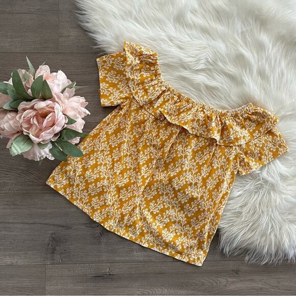 New LOFT Floral Crinkle Yellow Off Shoulder Ruffle Blouse M - Picture 4 of 8